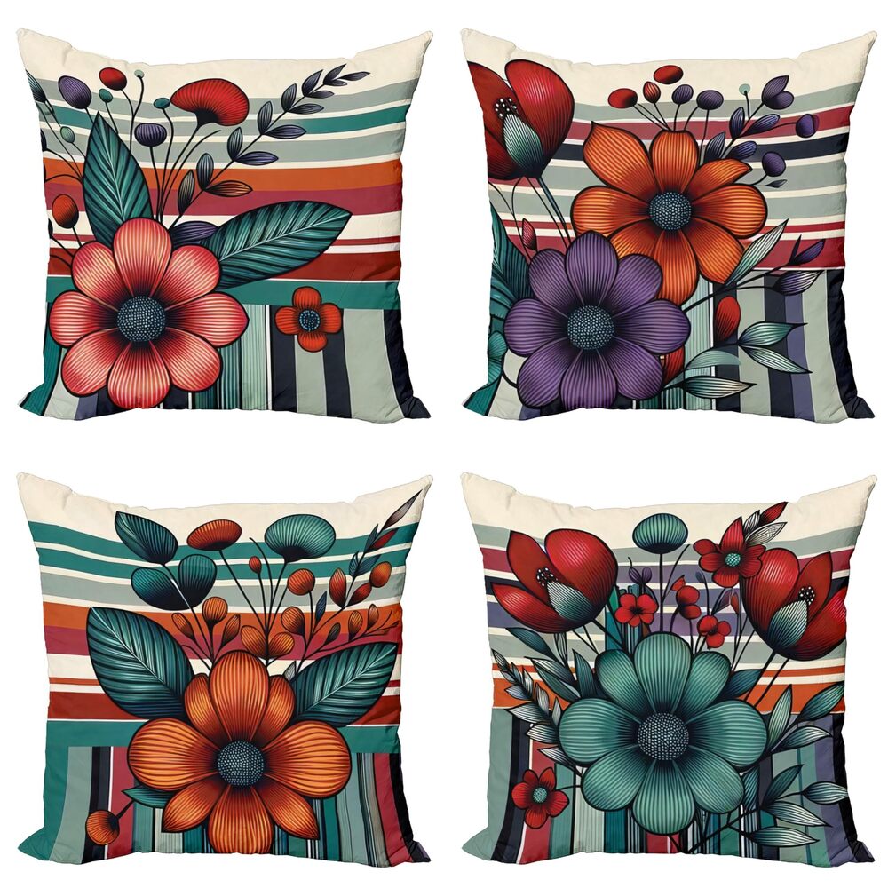 5117 Floral Throw Pillow Cushion Cover Set of 4, Retro Bold Flowers in